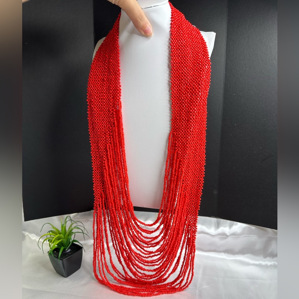 Rare Collar Red Sexy 30 Strand Long Layered Runway Necklace